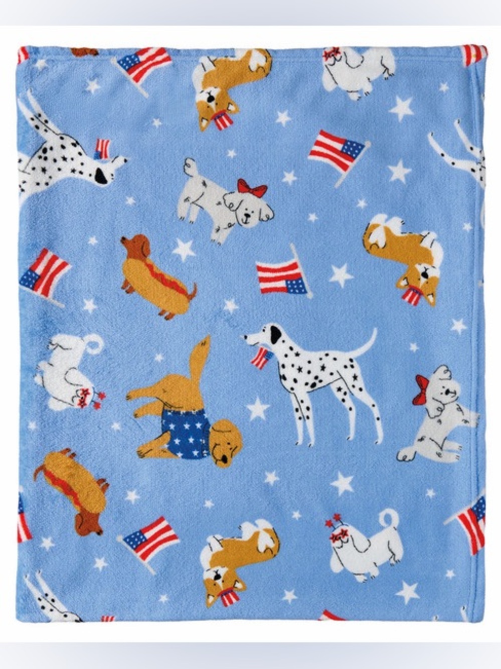 Patriotic Dogs and Flags Blue Plush Throw